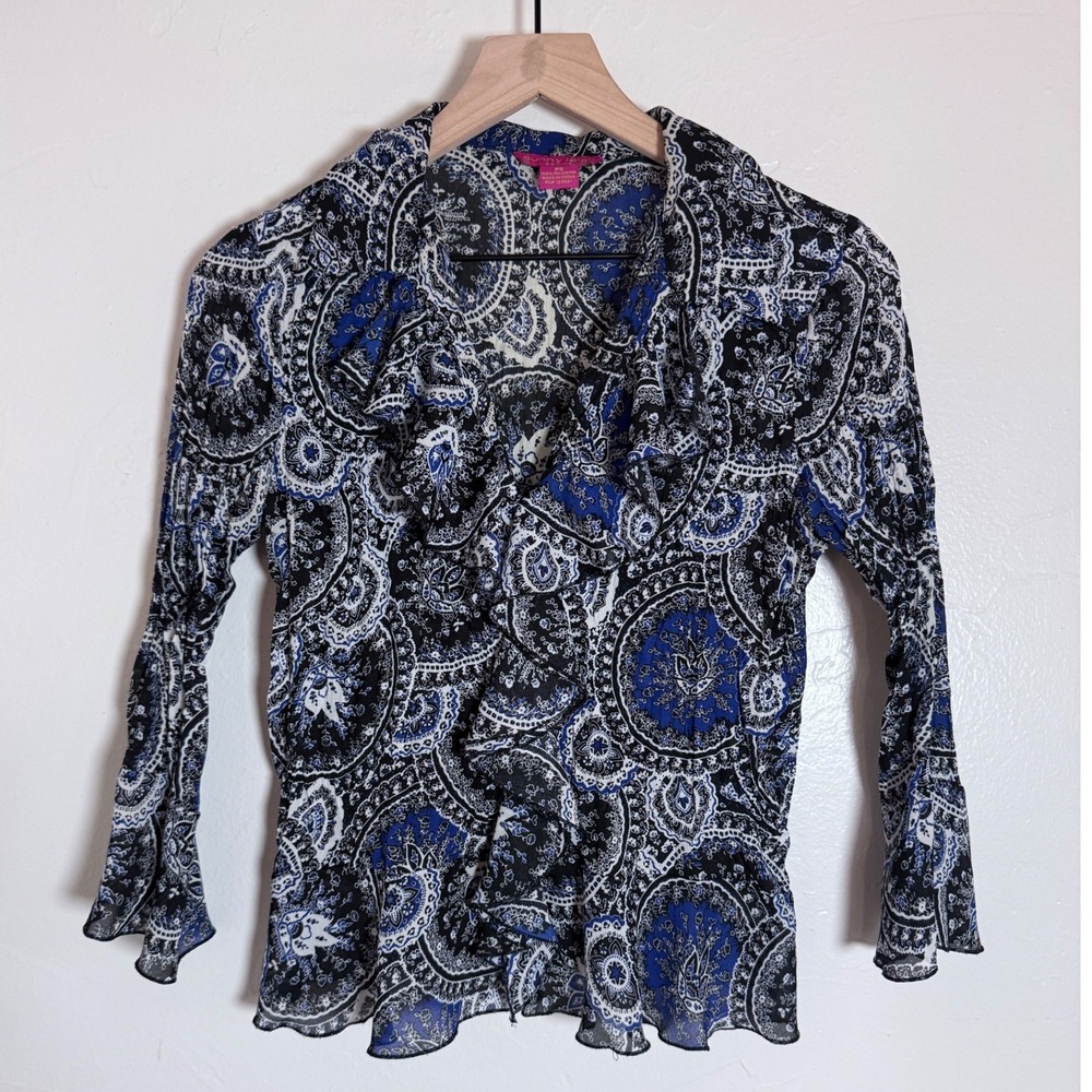 Sunny Leigh Petite Small Paisley Ruffle Sheer Blouse Blue Black White PS